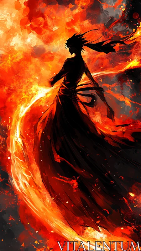 Flaming warrior silhouette wreathed in swirling inferno.