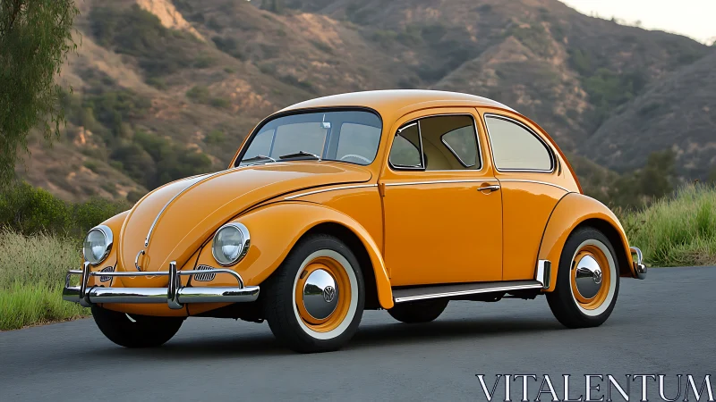 Vintage yellow compact car parked on mountain roadway.