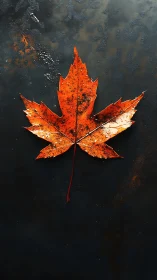 Macro study of wet maple leaf on dark textured metal surface