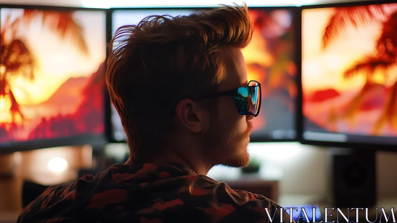 Man wearing sunglasses at multi-monitor workstation.