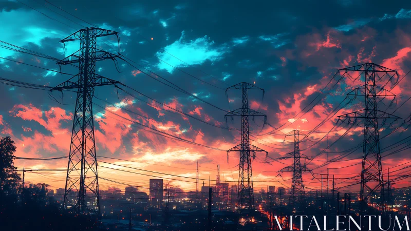 Digital painting of powerlines over neon sunset skyline grid.