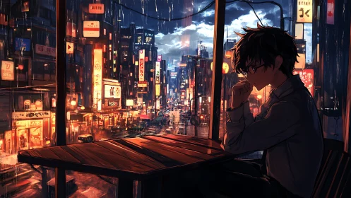Pensive youth overlooks neon city in evening rainstorm.