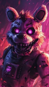 Neon-eyed robo mascot glowing in a storm of sparks.