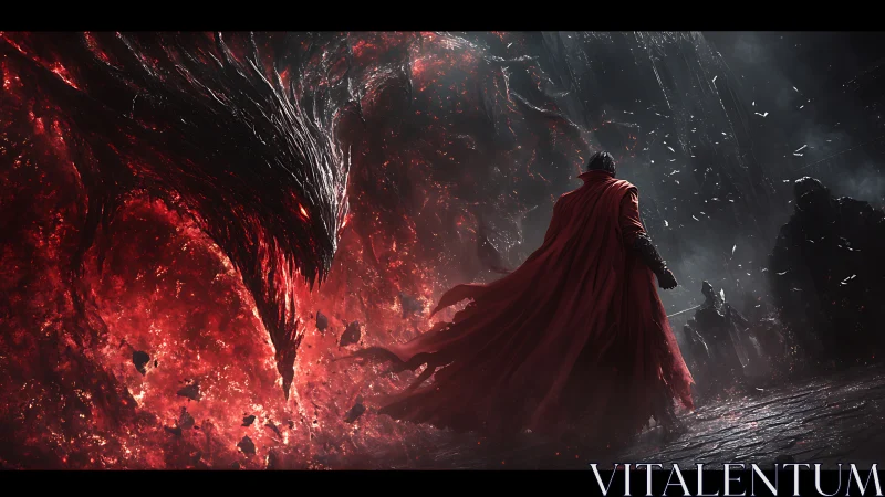Crimson-cloaked hero faces colossal ember-born shadow beast.