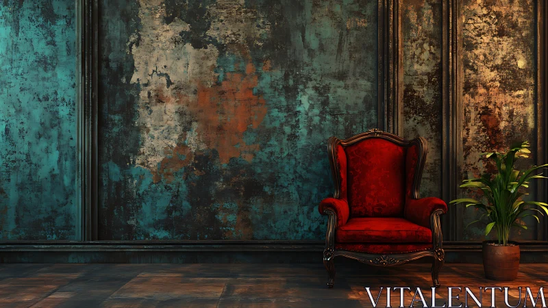 Red velvet armchair contrasts distressed teal wall surface