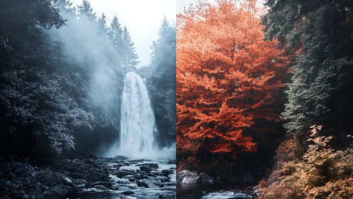 Landscape shows bifurcated forest scene with waterfall contrast