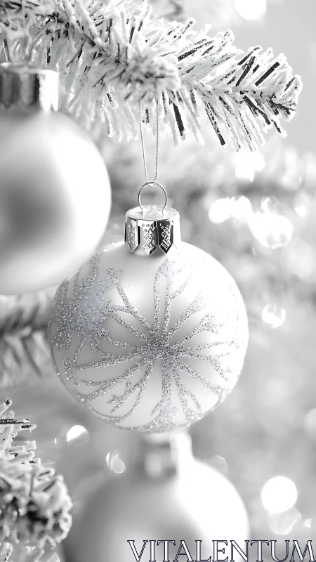 Silver snowflake ornament glows on frosted Christmas tree.