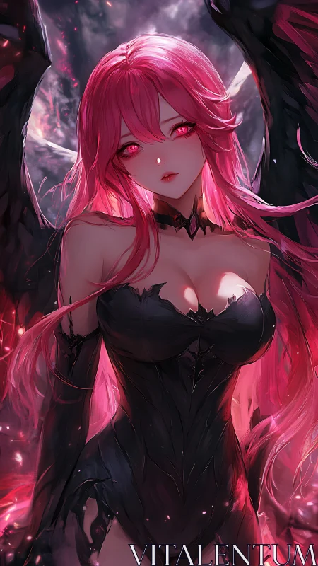 Crimson winged succubus under dark atmospheric vortex field.