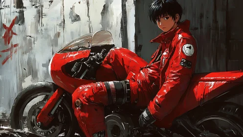 Motorcyclist in red gear sits against weathered concrete wall