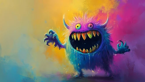 Colorful furry monster character on vivid gradient background.