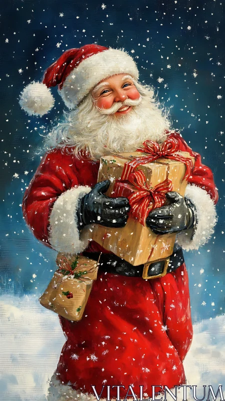 Classic Santa Claus with gift box under softly falling snow