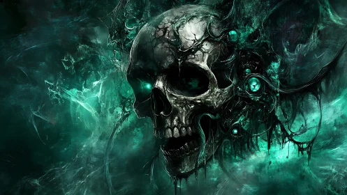 Ethereal skull dissolves into swirling teal spectral energy.