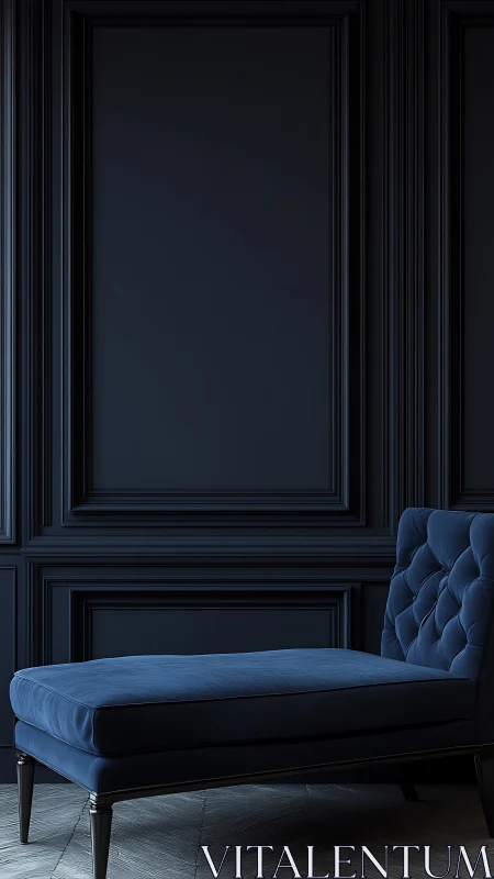 Dark navy tufted chaise against paneled wall in soft light