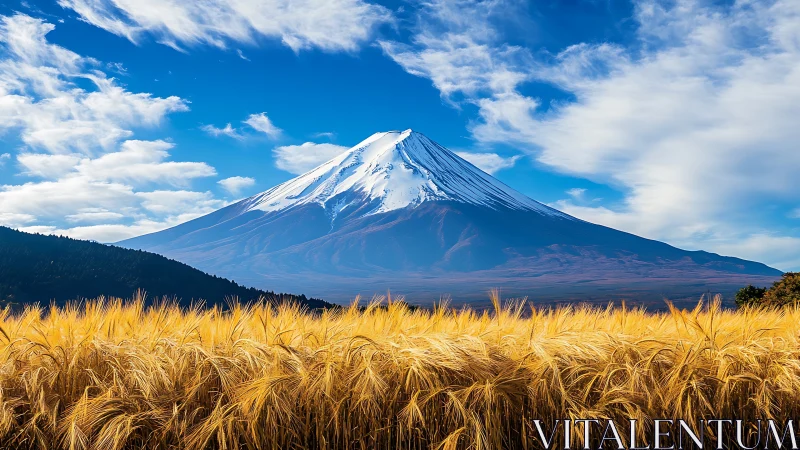 Snow-crowned Fuji rises beyond sunlit golden barley fields.