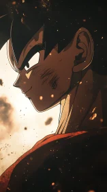 Battle-scorched anime warrior smirking through falling embers.