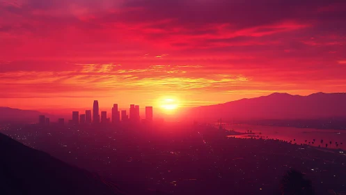 Urban skyline silhouette under red sunset haze over bay.