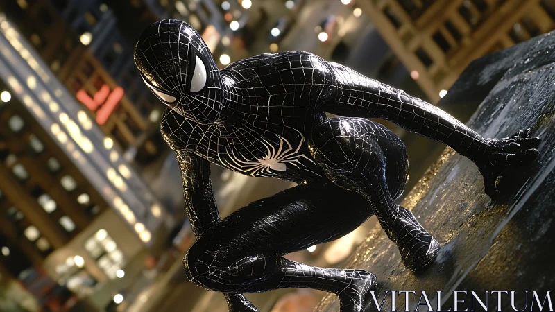 Black-suited masked figure crouching on wet urban rooftop.