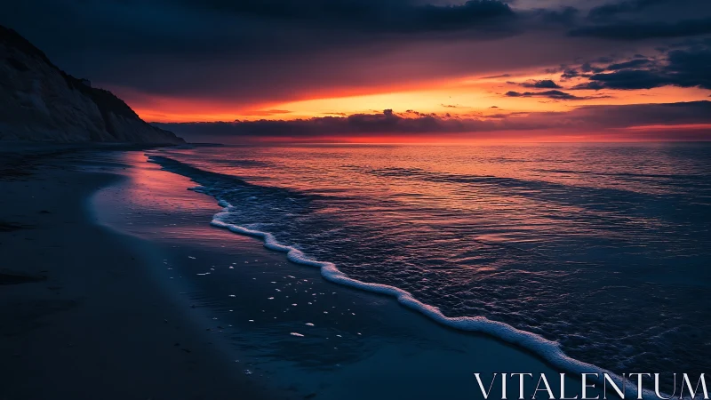 Littoral wavefront under high-saturation maritime sunset sky.