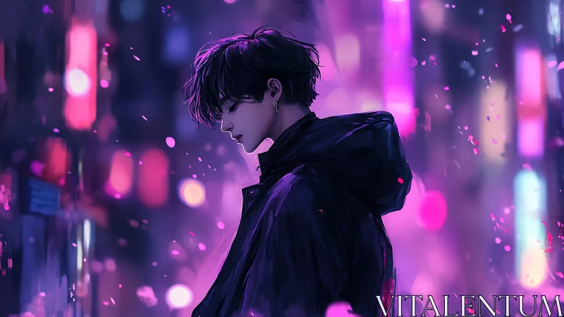 Side-profile youth stands in neon cityscape at night