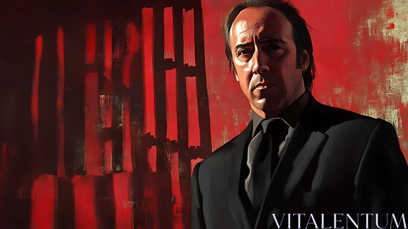 Brooding suited figure before raw crimson brushstorm backdrop.