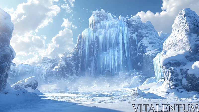 Glacial canyon with crystalline frozen waterfall structures.