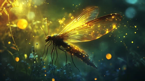 Golden firefly spirit glows gently above a moonlit meadow