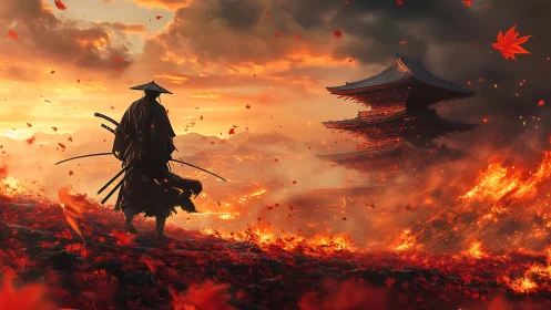 Lone samurai amid burning autumn fields at dusk.