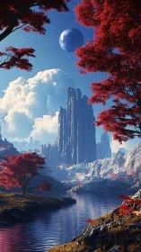 Red forest surrounds alien river beneath distant blue moon
