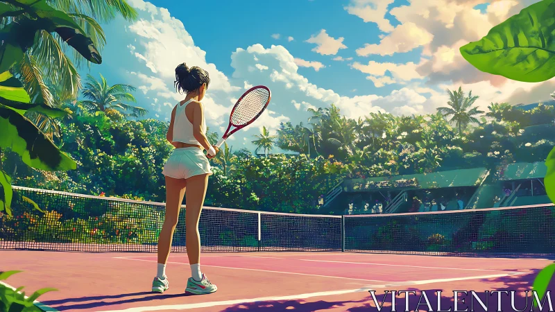 Tennis player on tropical court under vivid summer sky.
