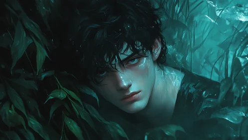Moisture-lit portrait of pale youth emerging through dense foliage