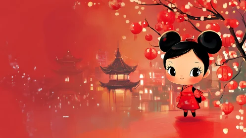 Stylized girl under lantern tree contrasts with blurred pagoda cityscape