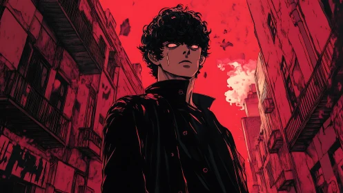 Crimson alleys crown a shadow eyed rebel in silent revolt