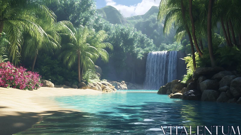Tropical Paradise Waterfall Sanctuary Where Turquoise Waters Meet Lush Palms