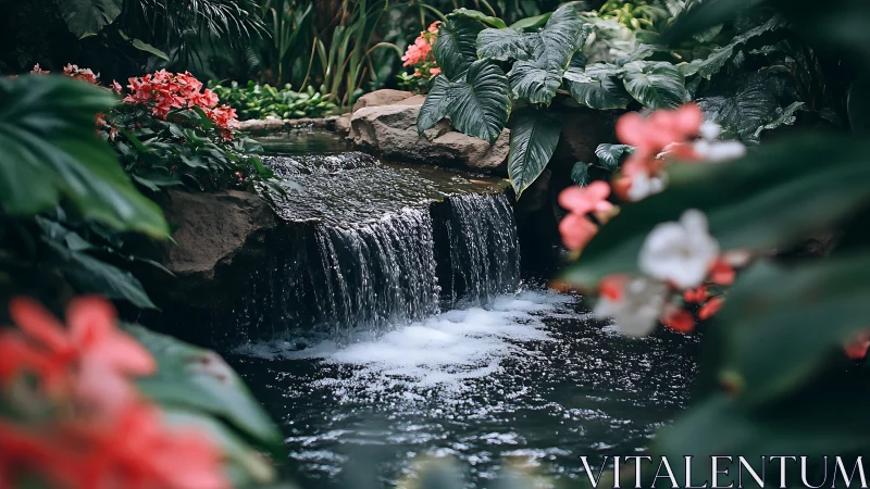 Shallow garden waterfall cascades into reflective koi pond
