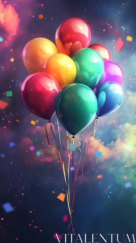 Radiant Iridescent Balloons Against Ethereal Particle Environment
