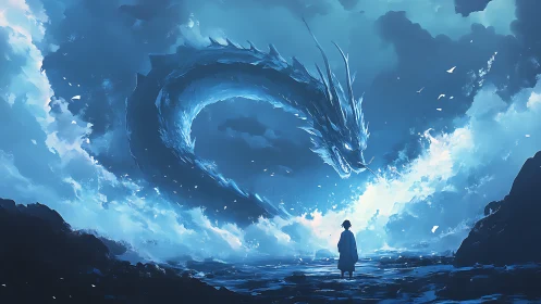 Storm-lit sky dragon coils above a lone wanderer’s path