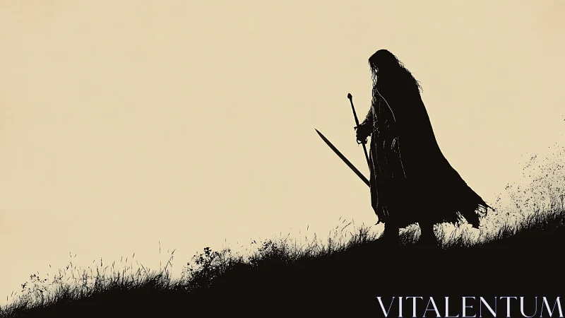 Lone cloaked swordsman silhouette on windswept hillside.