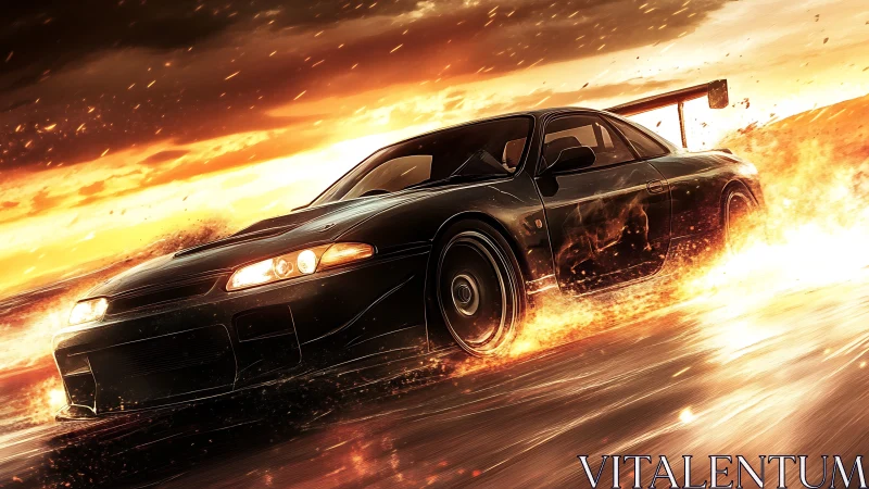 Dynamic digital painting of racing car in fiery motion blur.