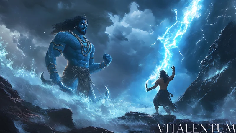 Thunderlit duel unfolds between giant blue deity and warrior