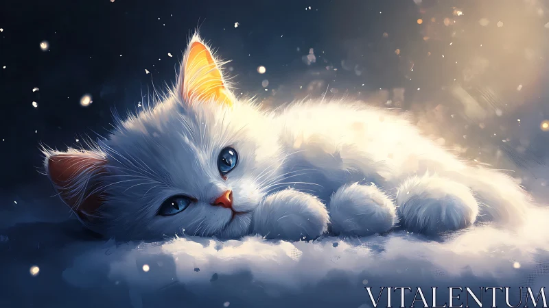 Luminescent white feline with golden ears, cloud-seated composition.