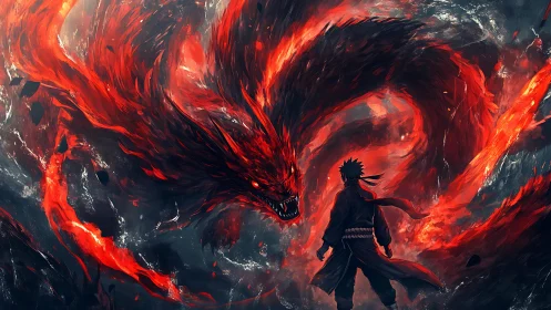 Warrior confronts colossal flaming dragon amid swirling storm