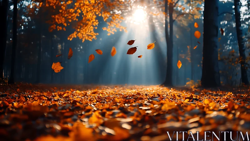 Sunlit autumn leaves drift through a glowing forest hush.