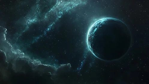 Icy exoplanet drifts through luminous teal starfield void.