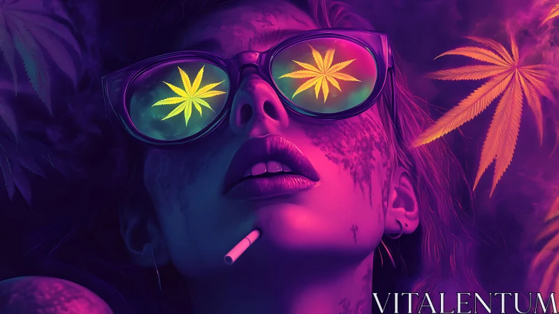Psychedelic woman portrait with neon cannabis reflection.