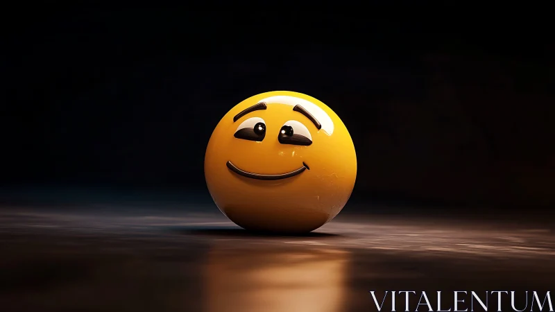 Smiling 3D emoji sphere under dramatic spotlight on floor.