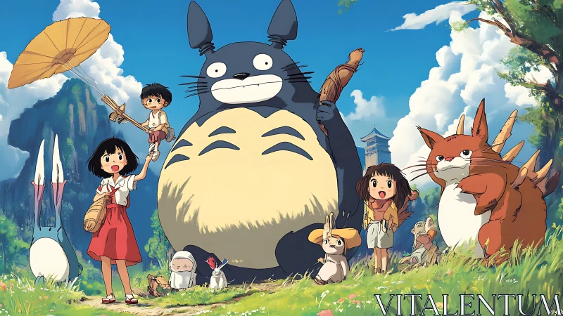 Whimsical forest spirits with children in stylized anime meadow.