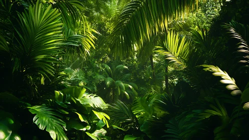 Lush Green Rainforest Canopy Glowing with Tropical Sunlight