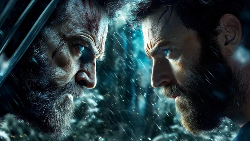 Intense dual portrait in rain with cinematic teal backlighting