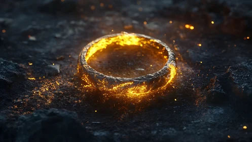 Glowing Ring Ignites Against Dark Volcanic Terrain.