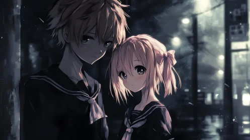 Melancholic anime students in rain-soaked nocturnal alleyway